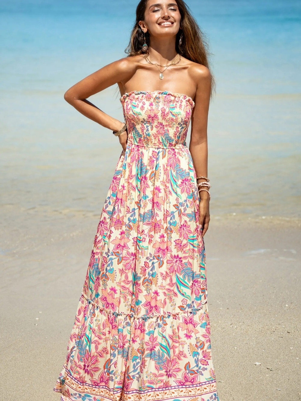 Cupshe Strapless Smocked Floral Maxi Dress in Cream, Pink and Teal
